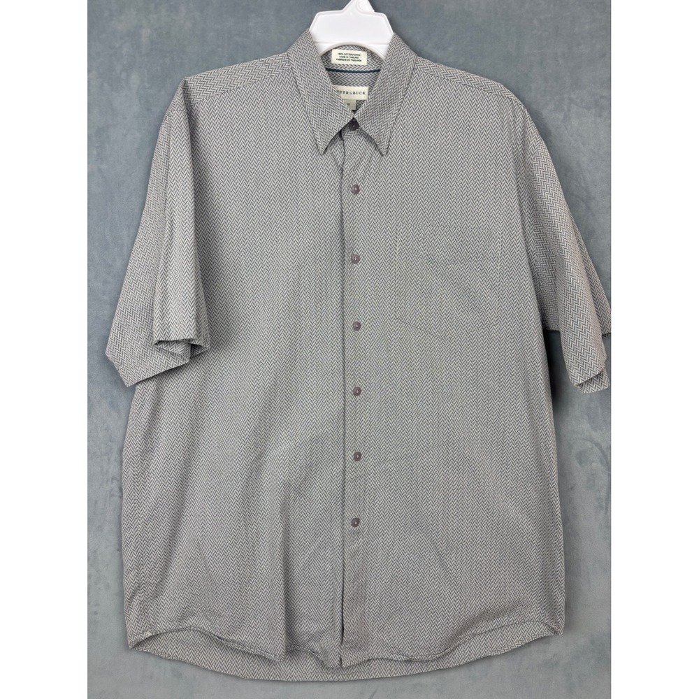 Cutter & Buck Mens Large Grey Chevron Herringbone Cotton Short Sleeve Shirt